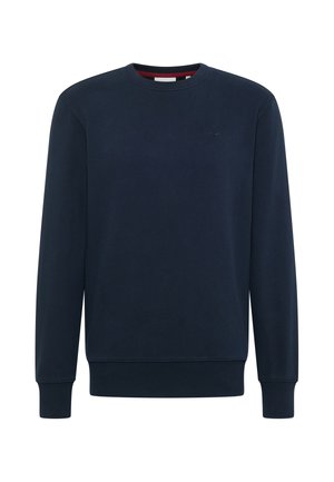 Marineblaues Sweatshirt mit langen Ärmeln und Rundhalsausschnitt, mit gerippten Bündchen und Saum, mit einem dezenten kleinen Logo auf der linken Brust.