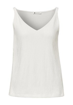 Witte mouwloze top met V-hals van gestructureerde stof, dunne bandjes en een rechte zoom, met het label "Street One" aan de binnenkant van de halslijn.