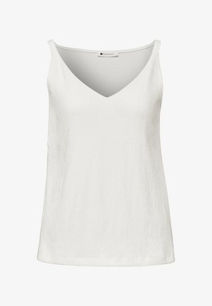 Witte mouwloze top met V-hals van gestructureerde stof, dunne bandjes en een rechte zoom, met het label "Street One" aan de binnenkant van de halslijn.