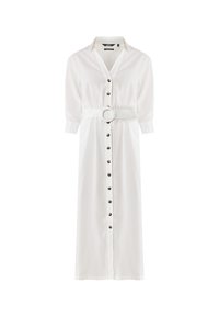 Abito bianco a camicia con vita cintata, maniche lunghe con polsini e dettagli a bottoni marroni lungo la parte anteriore. Tessuto dalla texture liscia.