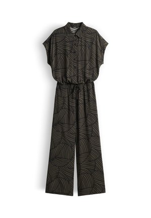 Combinaison kaki foncé avec motif rayé abstrait noir, manches courtes, fermeture à boutons sur le devant, taille froncée avec cordon de serrage et pantalon à jambes larges.