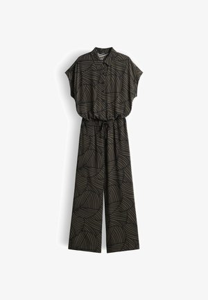 Combinaison kaki foncé avec motif rayé abstrait noir, manches courtes, fermeture à boutons sur le devant, taille froncée avec cordon de serrage et pantalon à jambes larges.