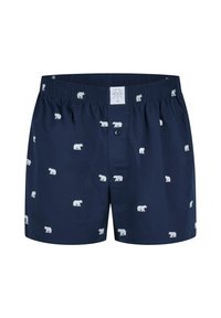 Boxer in cotone blu navy con un motivo ripetuto di orsi polari bianchi, dotati di una vita elasticizzata e un unico bottone per la chiusura.