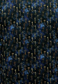 Donkere stof met een herhaald patroon van gouden sleutels in verschillende vormen, tegen een getextureerde marineblauwe achtergrond.