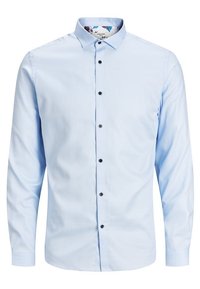 Ljusblå herrskjorta med lång ärm, knäppning fram, svarta knappar och blommönster inuti kragen.