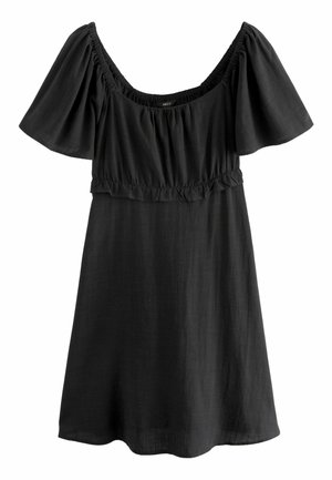 Schwarzes kurzes Kleid mit elastischem, schulterfreiem Ausschnitt, ausgestellten kurzen Ärmeln und einem dezenten Rüschendetail unter der Brust.