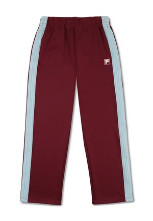 Bordeauxkleurige sportbroek met lichtblauwe zijstrepen, elastische tailleband en logodetail. Gladde stof met een recht-vallend ontwerp.