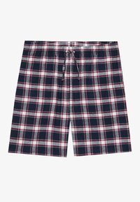 Plaid shorts featuring a navy base with red and white check patterns, an elastic waistband, and a drawstring for adjustment.