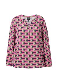 Blusa a maniche lunghe colorata con un motivo geometrico in rosa, grigio e viola scuro. Design a V e vestibilità ampia. Tessuto morbido.