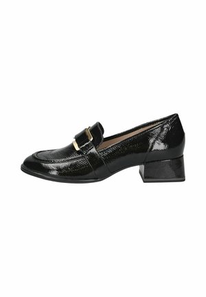 Black patent leather loafers with a low block heel, featuring a broad strap with a gold buckle and a smooth, shiny texture.