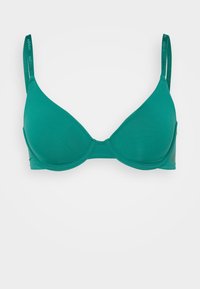 Teal underwire-bh med glatt stoff, trekantkopper, justerbare stropper og merkede detaljer på stroppene. Ingen polstring synlig.