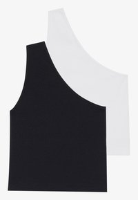 Black and white ribbed tank tops with an asymmetric neckline; soft cotton blend fabric; fitted design; no visible hardware or patterns.