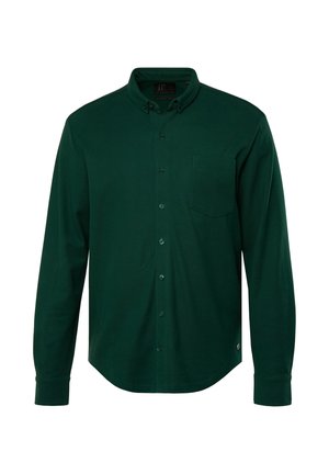 Donkergroene, langärmelige, doorknopenhemd met een kraag, borstzak en een ronde zoom. Gemaakt van een zachte stof met een effen kleur.