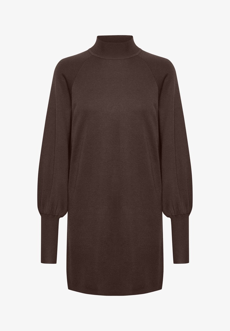 Pull marron longueur genou avec col montant côtelé, manches raglan longues et poignets froncés, confectionné dans un matériau tricoté doux.