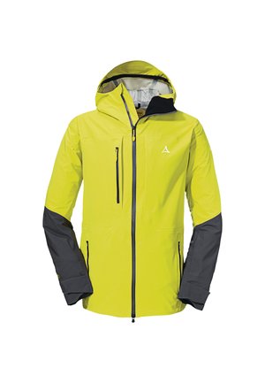 Chaqueta impermeable amarilla brillante con mangas grises, capucha ajustable, cierre frontal con cremallera y bolsillos laterales, con un logo en el pecho.