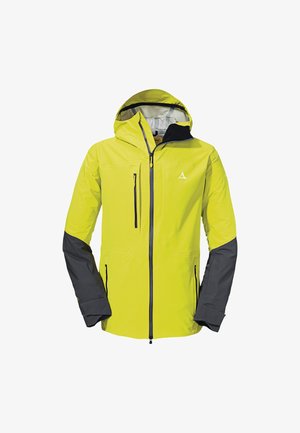 Chaqueta impermeable amarilla brillante con mangas grises, capucha ajustable, cierre frontal con cremallera y bolsillos laterales, con un logo en el pecho.