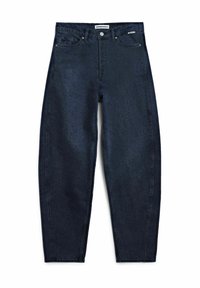 Dark blue straight-leg denim jeans with front pockets, button closure, and "ARMEDANGELS" label on waistband and pocket.