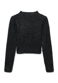 Maglione nero cropped con maniche lunghe, realizzato in un morbido materiale peloso. Presenta un collo rotondo con una superficie testurizzata e soffice.