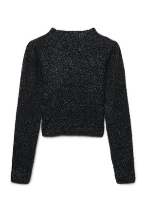 Maglione nero cropped con maniche lunghe, realizzato in un morbido materiale peloso. Presenta un collo rotondo con una superficie testurizzata e soffice.