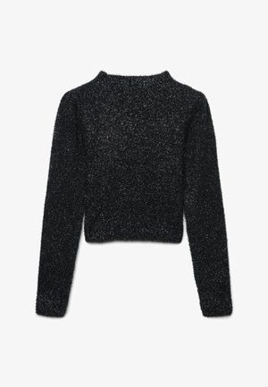 Schwarzer, kurzer Pullover mit langen Ärmeln, aus einem weichen, flauschigen Material hergestellt. Verfügt über einen gerundeten Halsausschnitt mit einer strukturierten, plüschigen Oberfläche.