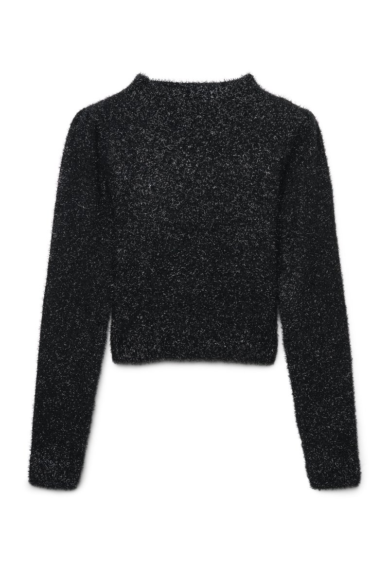 Maglione nero cropped con maniche lunghe, realizzato in un morbido materiale peloso. Presenta un collo rotondo con una superficie testurizzata e soffice.