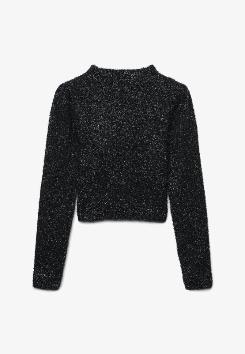 Maglione nero cropped con maniche lunghe, realizzato in un morbido materiale peloso. Presenta un collo rotondo con una superficie testurizzata e soffice.
