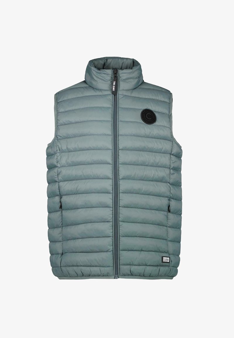 Gevoerde vest in lichtteal, met een hoge kraag, ritssluiting, zijzakken en een ronde zwarte logo op de borst.