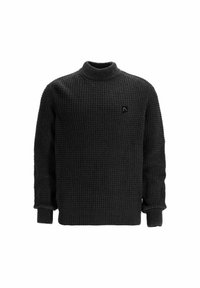 Dunkelgrauer Strickpullover mit hohem Kragen, gerippten Bündchen und einem kleinen Logodetail auf der Brust. Strukturierter, warmer Stoff.