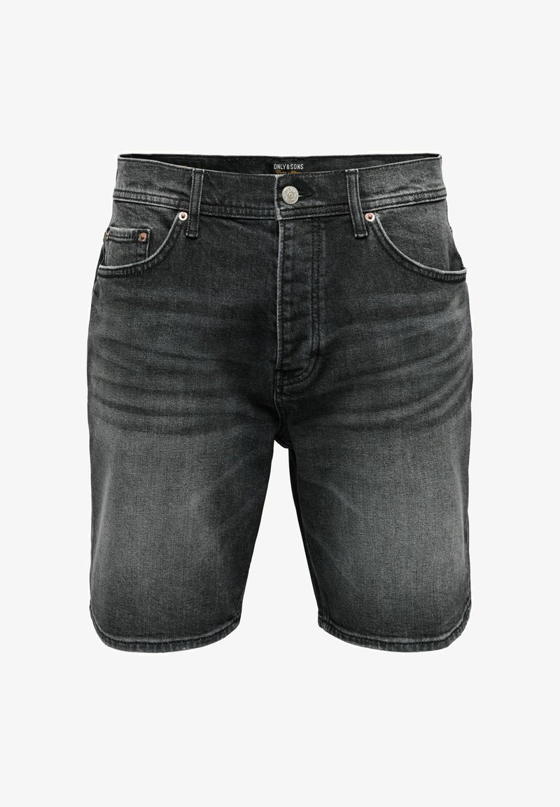 Czarne spodenki jeansowe typu faded z przednimi kieszeniami, szlufkami na pasek i zapięciem na guziki od ONLY & SONS.