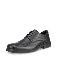 Chaussure habillée pour homme en cuir noir avec laçage à l’avant et talon bas, finition lisse et coutures détaillées sur les côtés et le bout.