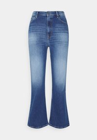 Utsvängda blå jeans i denim med midjemått, utrustade med knäppning, fem fickor och en blekt design för en gradienteffekt.