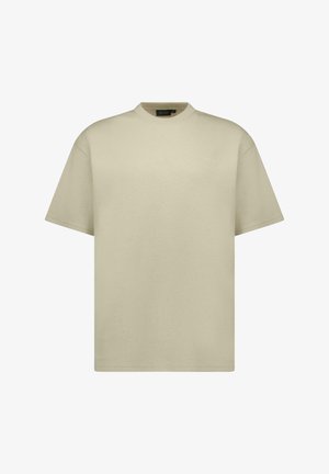 Beige oversized T-shirt met een ronde hals en korte mouwen, gemaakt van katoen met een gladde textuur en minimale details.