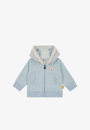 Light blue zip-up hoodie made of soft fabric with a bear patch on left chest, two front pockets, and gray accents on the hood and cuffs.