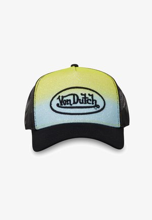Casquette de camionneur avec un devant dégradé jaune à bleu, des côtés en mesh noir et une visière noire. Présente un logo "Von Dutch" brodé en noir.