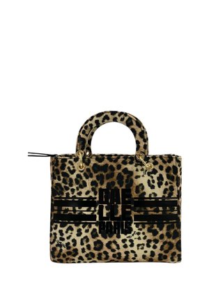 Borsa piccola con stampa leopardata, manici corti, dettagli con anelli dorati e testo nero "GAELLE PARIS" sul davanti.