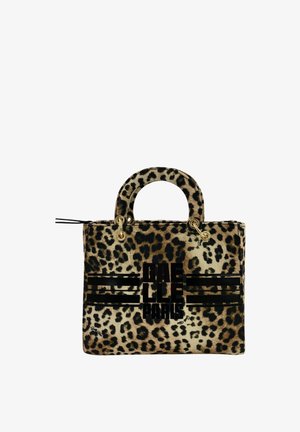 Borsa piccola con stampa leopardata, manici corti, dettagli con anelli dorati e testo nero "GAELLE PARIS" sul davanti.