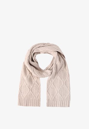 Écharpe en tricot beige avec un motif de diamant texturé et des extrémités côtelées. Tissu doux avec une apparence chaleureuse, idéale pour les temps froids.