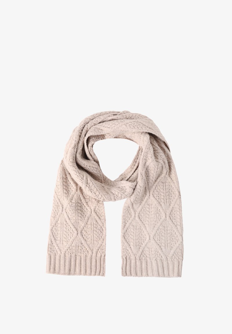 Beige strikket tørklæde med et struktureret diamantmønster og ribbede ender. Blødt stof med et hyggeligt udseende, velegnet til koldt vejr.