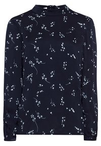 Blusa blu navy con stampa floreale bianca, scollatura alta, maniche lunghe e polsini arricciati. Realizzata in un tessuto leggero e morbido.