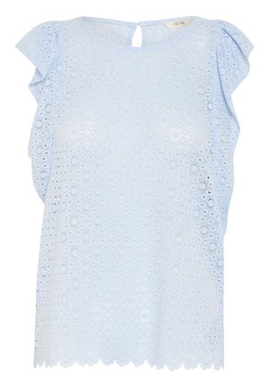 Hellblause Oberteil aus Spitze mit runden Ausschnitten, ausgestattet mit kurzen, schwingenden Ärmeln und einem gewellten Saum. Knopfverschluss am Rücken.