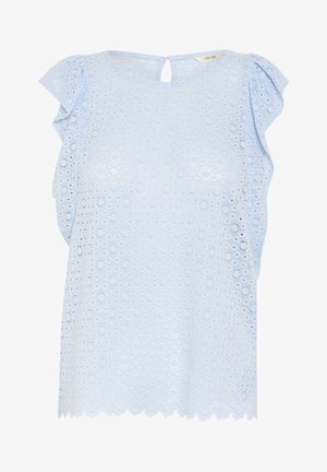 Hele sinine pitsist top, ringikujuliste avadega, lühikeste laperdavate varrukatega ja lainelise äärisega. Seljal nööbiga kinnitamine.