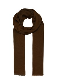 Écharpe marron, douce, fabriquée en matériau chaud, ayant une forme longue et rectangulaire avec des bords frangés pour apporter texture et détail.