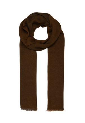 Bruine, zachte sjaal van warm materiaal, met een lange, rechthoekige vorm en franjes aan de randen voor textuur en detail.