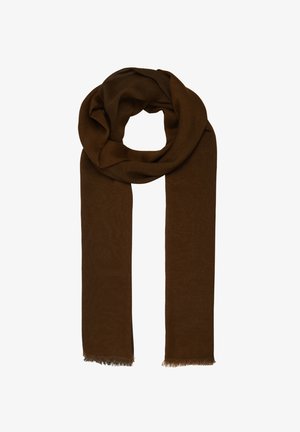 Écharpe marron, douce, fabriquée en matériau chaud, ayant une forme longue et rectangulaire avec des bords frangés pour apporter texture et détail.