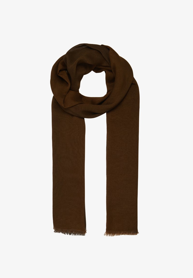 Écharpe marron, douce, fabriquée en matériau chaud, ayant une forme longue et rectangulaire avec des bords frangés pour apporter texture et détail.