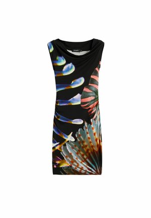 Juoda rankovių neturinti suknelė su spalvotais abstrakčiais gėlių ir lapų raštais mėlynos, oranžinės, rožinės ir žalios spalvų, su apvalia iškirpte.