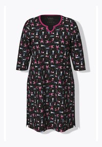 Vestito nero con una stampa colorata e cartoonesca di animali e stelle. Collo rotondo con bordatura rosa, maniche a tre quarti e una vestibilità morbida.