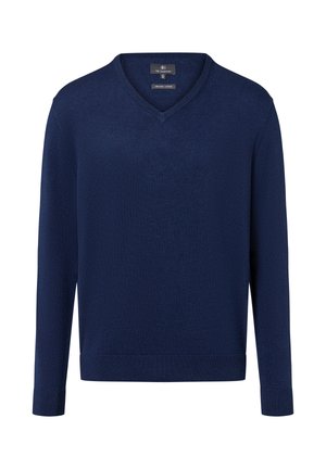 Marineblauwe gebreide trui met een V-hals, lange mouwen, geribbelde manchetten en onderkant, met een gladde textuur en subtiel patroon.