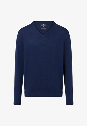 Maglione lavorato a maglia blu navy con scollatura a V, maniche lunghe, polsini e orlo a coste, con una texture liscia e un motivo sottile.