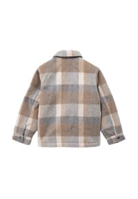 Giacca in lana a quadri con una combinazione di colori grigia, beige e bianca. Presenta un colletto e polsini con bottoni, offrendo una finitura strutturata.